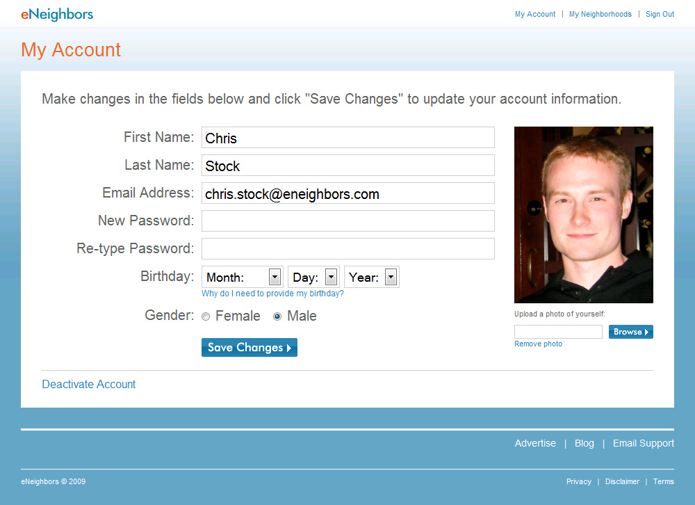 My Account Page on eNeighbors